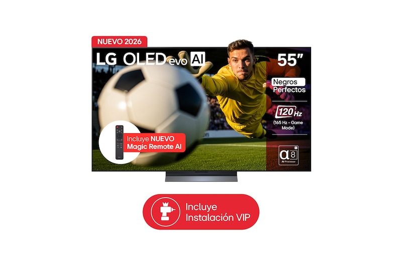 Vista frontal de TV LG 55" OLED evo AI C6 – Imagen perfecta para vivir cada Jugada OLED55C6PSA